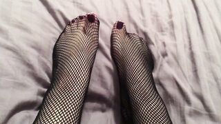Feet: wiggling my purple toes in fishnets