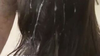 giving a BJ with hair streaked with cum