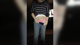 Cum on Her Pants: she pulls down his panties so he can cum into her bright pink pants