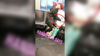 Couple in love in the tram. Woman fingering a guy through pants - Drunken