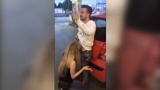 Very slutty blonde sucking cock at a gas station - Drunken