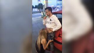 Drunk: Very concupiscent golden-haired engulfing cock at a gas station