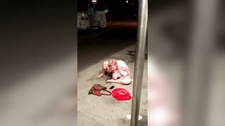 Drunk: Aged woman with large melons masturbates on asphalt