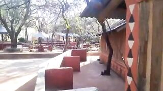 pissing in a bottle in public behind a restaurant