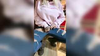 Drunk: Mad doxy flashing large fake breasts in a restaurant and masturbating her vagina throughout a aperture in her panties