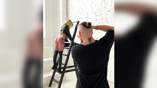 Nata Lee on a ladder - Behind the Scenes