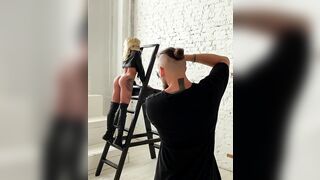 Behind the Scenes: Nata Lee on a ladder
